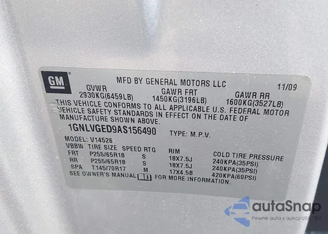 2010 Chevrolet Traverse Lt z USA, uszkodzony, nr VIN 1GNLVGED9AS156490